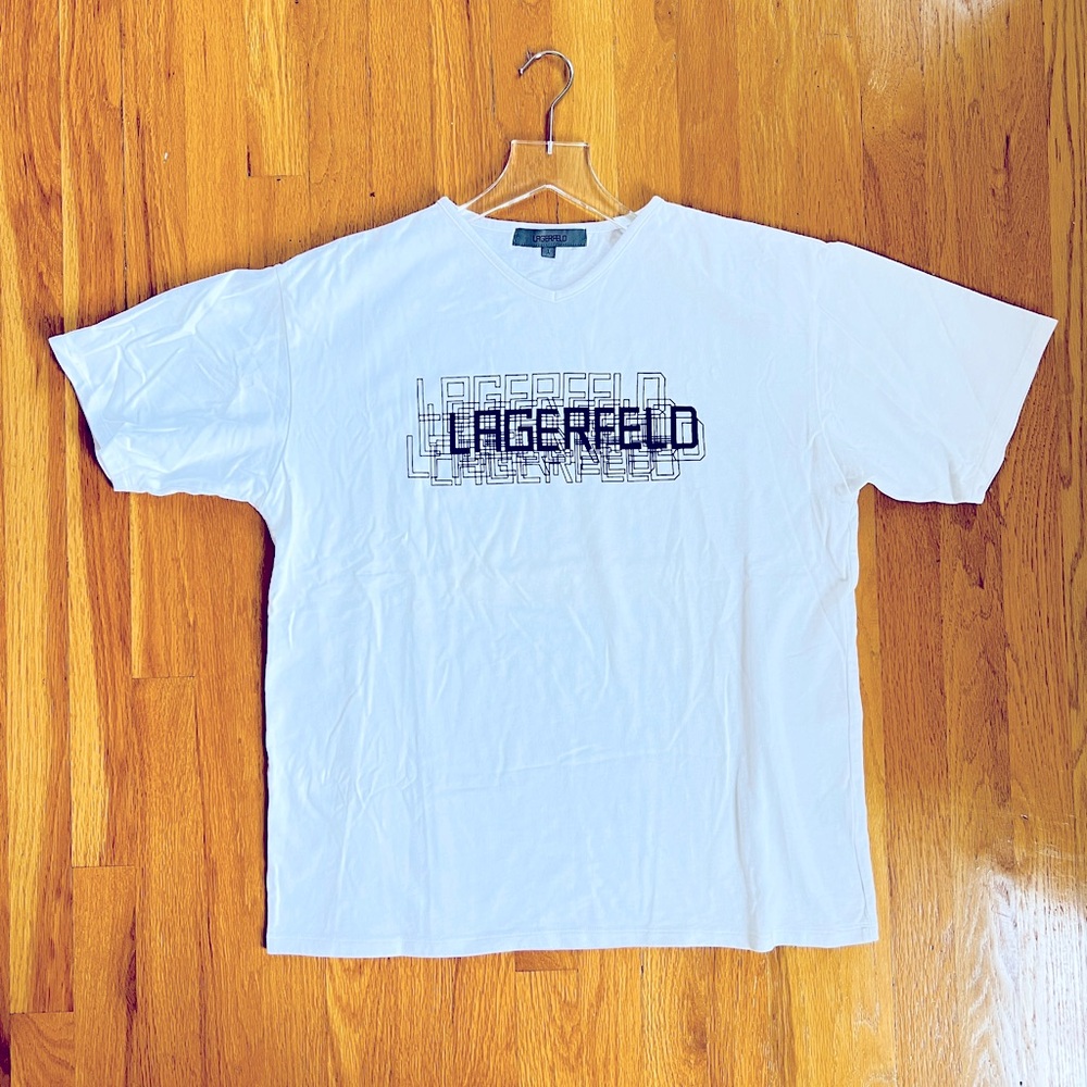 Karl Lagerfeld white T-shirt V-Neck Logo print Cotton Paris Men's L